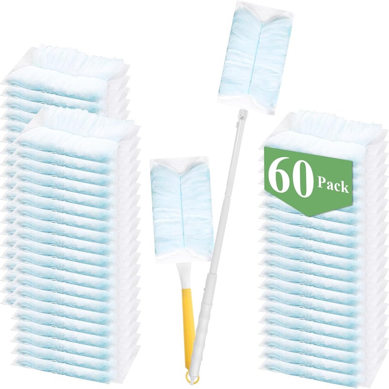 Oqqlin 60 Pcs Disposable Dusters Refills, 180° Electrostatic Duster Refills Multi-Surface Microfibre Duster Replacement with 2 Pcs Handles for Cleaning Ceiling, Fan, Ceiling (Blue, Unscented) - Image 1